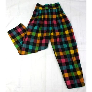Vintage Judith Michaels Plaid Madras Cotton Flannel Baggy Pleated Pants 9 1980s - Picture 1 of 9