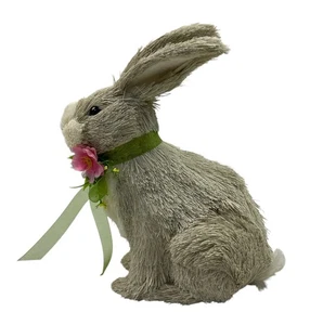 Conejito de Pascua aspecto de paja algodón conejo cinta verde flores decoración del hogar 21 cm - Imagen 1 de 6