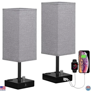 Gray Dimmable Nightstand Lamps Set of 2 - USB C+A Ports, 2 AC Outlets, Linen - Picture 1 of 6