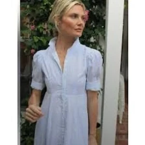 INDIA AMORY Julia SZ L White Blue Short Sleeve Shirt Dress Blue Print Flowy - Picture 1 of 8