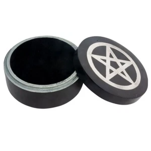 NEW Pentagram Inlaid Soapstone Trinket Box 4" Round Black & Silver Pentacle - Picture 1 of 3