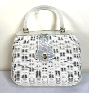 Vintage SIMON By Mister Ernest White Wicker  Lucite Handle Art Deco 60's Handbag - Picture 1 of 11