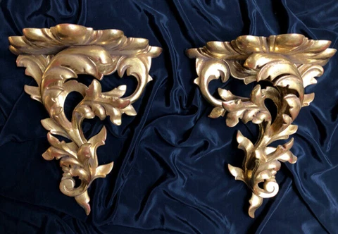 A Pair Of Hand Carved, Rococo Style, Corbel / Wall Bracket,  Gilded in 22k Gold Cover