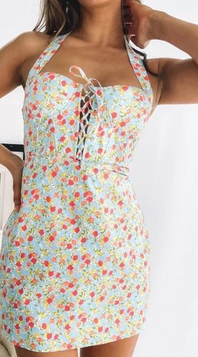 UNDERCOVER Abito da donna Victoria corsetto boutique Beginning stampa blu supporto taglia 12