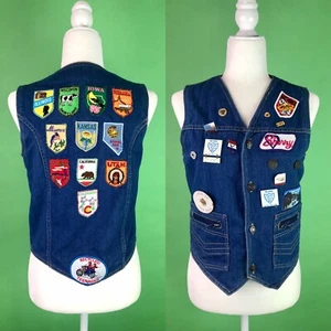 Vintage Denim Biker Vest with Motorcycle Pins and Patches - Size XS/S - Picture 1 of 11