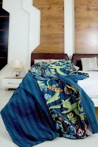 Indian Handmade Vintage Kantha Bird Print Quilt Blanket Queen/Twin Size Cotton - Picture 1 of 3