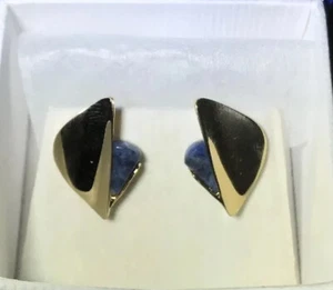 14K New Lapis Pierced Organic Earrings Designer Yellow Gold - Picture 1 of 6