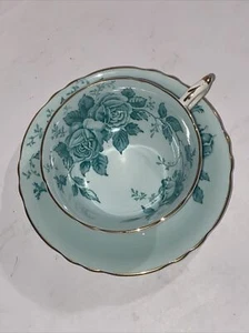 Rare Paragon teacup and saucer double warrant England mint green Cabbage rose ex - Picture 1 of 9