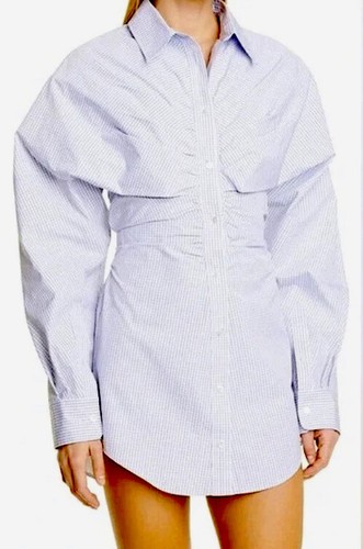 Abito camicia nuovo senza etichette Alexander Wang clessidra arricciata motivo a scacchi blu multi $795