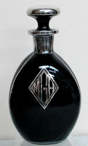 ART DECO BLACK GLASS PINCH BOTTLE WITH SILVER OVERLAY - Picture 1 of 5