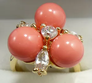 Pink Coral Color Shell Pear Yellow Gold Plated Crystal Flower Ring Size: 6.7.8.9 - Picture 1 of 7