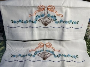 Vintage Hand Embroidered Pillow Case Basket Blue Flowers Ribbon Granny Core - Picture 1 of 8