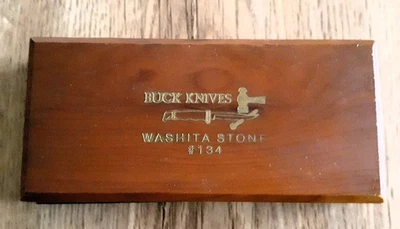 Vintage Buck Knife Knives Sharpening Stone Washita #134 -  Wood Case 5.5" x 2.5" - Image 1 of 4