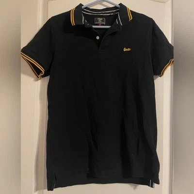 Superdry Organic Cotton Vintage Tipped Polo Shirt M Black Yellow Golf Preppy - Image 1 of 4