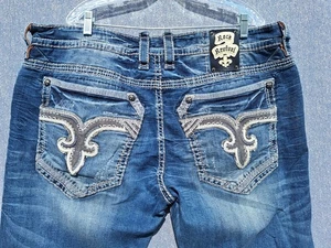 NWOT Mens Rock Revival Blue Jeans NAVID 42 Straight Factory Distressed w/ holes - Picture 1 of 14