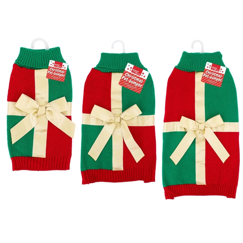 Christmas Pet Jumper Festive 3 Sizes Red Green Gold Present Design Soft Acrylic - Image 1 of 1