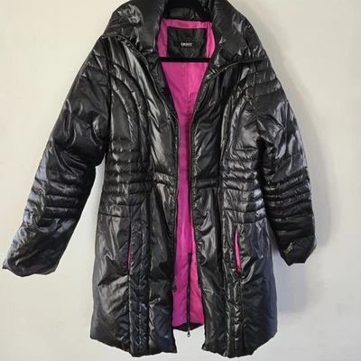 Abrigo acolchado negro Donna Karen mezcla de plumón para mujer longitud media larga cremallera completa  Foto 1 de 4