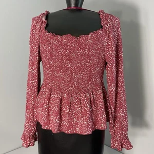 Cropped Top Long Balloon Sleeve Top Large Smocked Bodice Off Shoulder Maroon - Picture 1 of 14