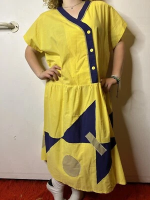 Vestido Vintage Años 80 Pasadena Amarillo Cintura Caída Payaso Geométrico AU 16 Foto 1 de 4