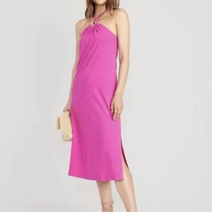 Old Navy Women’s Slub Knit Midi Halter Shift Dress Size M Dragon Fruit Hot Pink - Picture 1 of 12