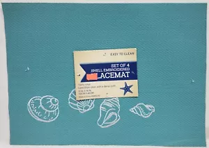 Set of 4 Same Vinyl Placemats (13" x 18") EMBROIDERED SEASHELLS ON AQUA BLUE,IC - Picture 1 of 9