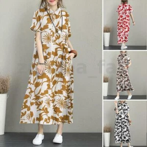 NEW UK Womens Summer Short Sleeve Baggy Floral Print Kaftan Midi Dress Plus Size - Picture 1 of 21