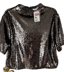NWT Shein Size Large Short Sleeve Lined Gunmetal Sequin Cropped Top - Picture 1 of 2
