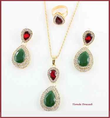 Kette, Ohrringe, Ring, Anhänger, Gold Steine Rubin Und Smaragd Für Hochzeit - Bild 1 von 3