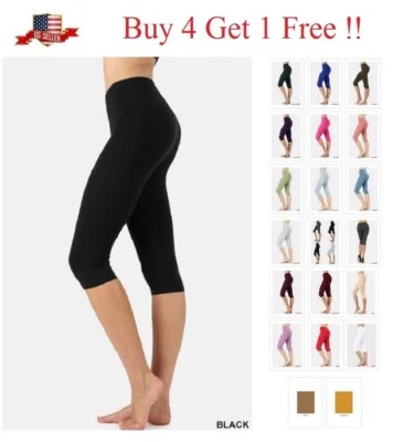 HIGH WAISTED COTTON STRETCH BELOW KNEE CAPRI LEGGINGS YOGA GYM MISSES PLUS S-3X - Image 1 of 3