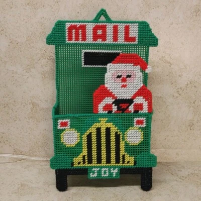 Santa's Mail Caddy Card Letter Holder Plastic Canvas Yarn Vintage 11" Handmade  - Image 1 of 4