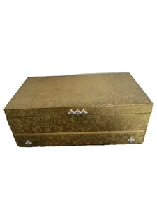 Vintage Tiered Jewelry Box with Drawer Mirror Gold Green Upholstered Mid-Century - Picture 1 of 11