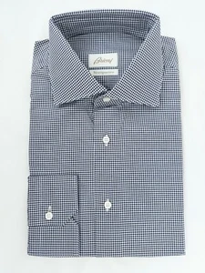 BRIONI Ventiquattro NAVY BLUE Check Parioli Button Front Fitted 45/ 17.75 US NWT - Picture 1 of 5