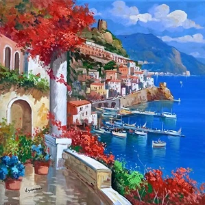 AMALFI PAINTING SEASIDE IN BLOOM PAINTER SOMMA ITALIAN WALL DECOR AMALFITAN ART - Picture 1 of 11