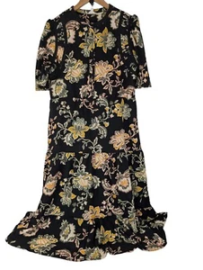 Monsoon Black Floral Midi Dress Ruched Tiered Short Sleeve Stretch Size M - Picture 1 of 10