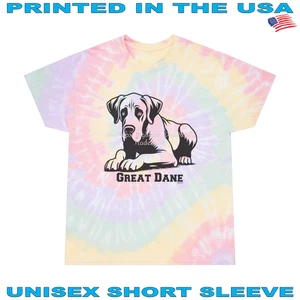 DigiPups Great Dane Puupy Dog Breed Cute Laying Portrait Tie Dye T Shirt - Picture 1 of 5