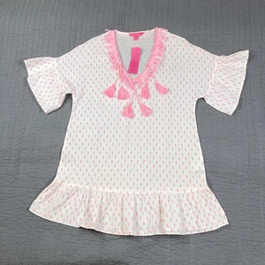 Lilly Pulitzer Kipper Coverup Mujer XXS/XS Blanco Rosa Borla Flecos Volantes Dobladillo - Imagen 1 de 21