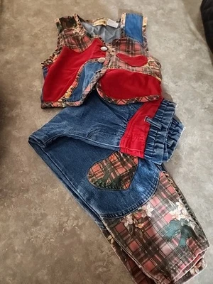 Conjunto de chaleco y pantalón vintage Bonjour para niñas denim/rojo pana/a cuadros talla 5 Foto 1 de 4