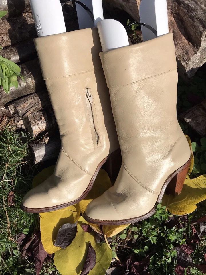Botas de cuero para mujer Frye media pantorrilla beige talla 8,5 hechas en EE. UU. Pull On Western Foto 1 de 4