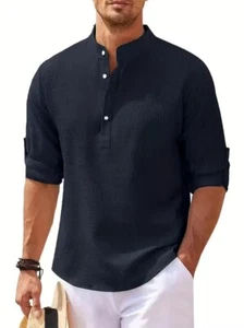 Men Solid Color Stand Collar Long Sleeve Henley Shirt Soft Breathable Comfy Tops - Picture 1 of 3