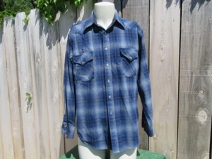 Vintage Pendleton Blue Plaid 100% Wool Pearl Snap Button Down Shirt Men's Medium - Picture 1 of 9