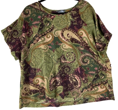 Blusa Koret Para Mujer Talla 3X Verde Marrón Tostado Pullover Hilos Dorados Paisley Foto 1 de 4