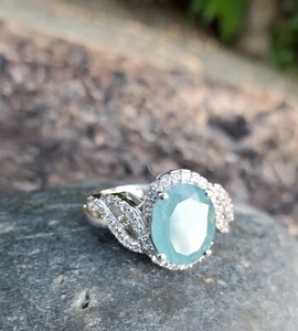 Blue Green Grandidierite, Genuine Cambodian Zircon Platinum Over S/S Ring Sz 6 - Picture 1 of 10