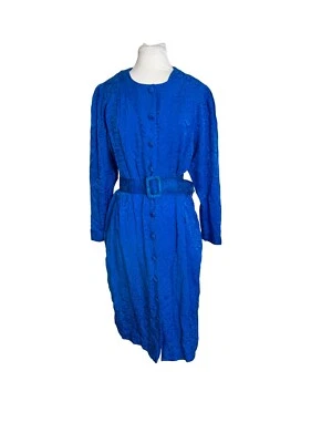 Adrianna Papell Blue Silk Dress Womens Size 12 Button Front Belted Long Sleeve - Image 1 of 4