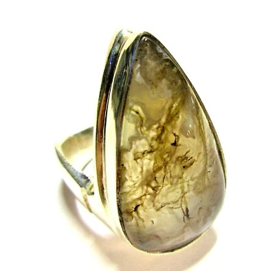 ANILLO MR23 BONITO LÁGRIMA CUARZO FÓSIL PLATA ESTERLINA 925 HOMBRE/MUJER TALLA 10 Foto 1 de 4