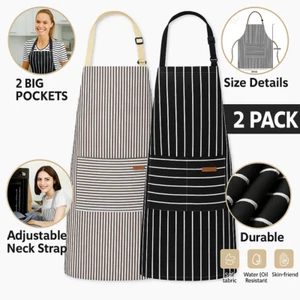 2 Pack Chef Kitchen Aprons for Cooking Baking with Adjustable Strap 2 Pockets - Picture 1 of 8