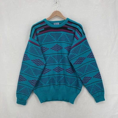 Suéter Meister Vintage Para Hombre Grande Verde Azulado Púrpura Geométrico Mezcla de Lana Retro Años 90 Foto 1 de 4
