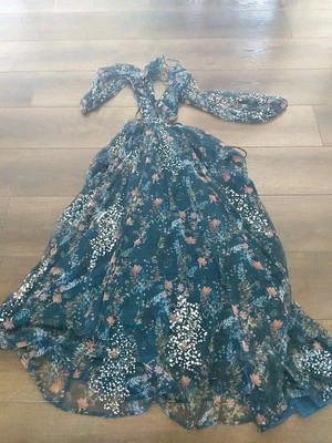 Ieena for Mac Duggal Blue  Floral Cut Out Gown Maxi Dress  Chiffon - 6 Flawed - Image 1 of 4