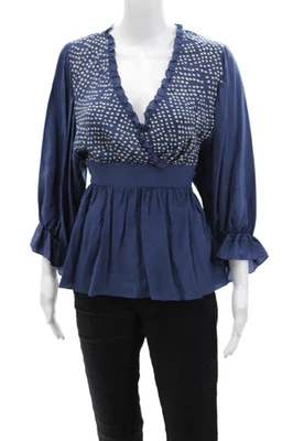 BCBGMAXAZRIA Mujer Manga 3/4 Cuello en V Geométrico Seda Top Azul Blanco Talla Pequeña Foto 1 de 4