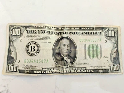 RARO 1934 $100 CIEN DÓLARES, sello verde claro, emitido por Nueva York Foto 1 de 4