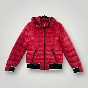Guess Puffer Jacket Mens Small Red Hooded Full Zip Quilted Coat Poly Winter Warm - Picture 1 of 8